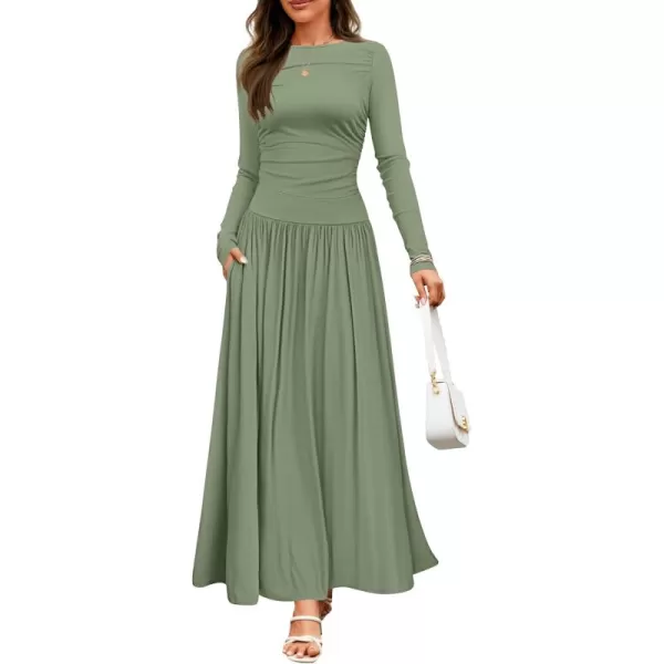 imageZESICA Womens Long Sleeve Maxi Dress 2024 Fall Crewneck Knit Casual Slim Swing Pleated Dresses with PocketsBean Green