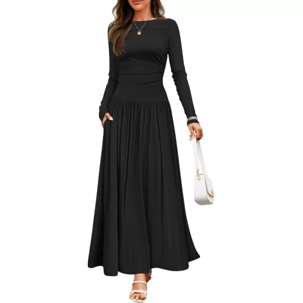 imageZESICA Womens Long Sleeve Maxi Dress 2024 Fall Crewneck Knit Casual Slim Swing Pleated Dresses with PocketsBlack