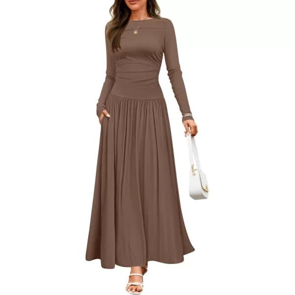 imageZESICA Womens Long Sleeve Maxi Dress 2024 Fall Crewneck Knit Casual Slim Swing Pleated Dresses with PocketsBrown
