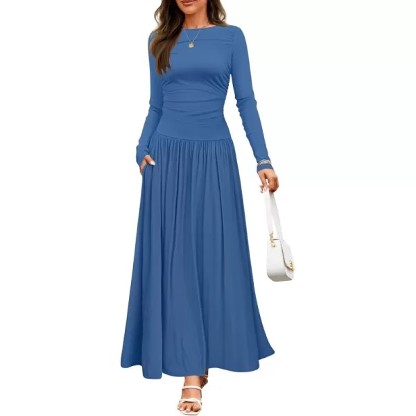 imageZESICA Womens Long Sleeve Maxi Dress 2024 Fall Crewneck Knit Casual Slim Swing Pleated Dresses with PocketsNavy