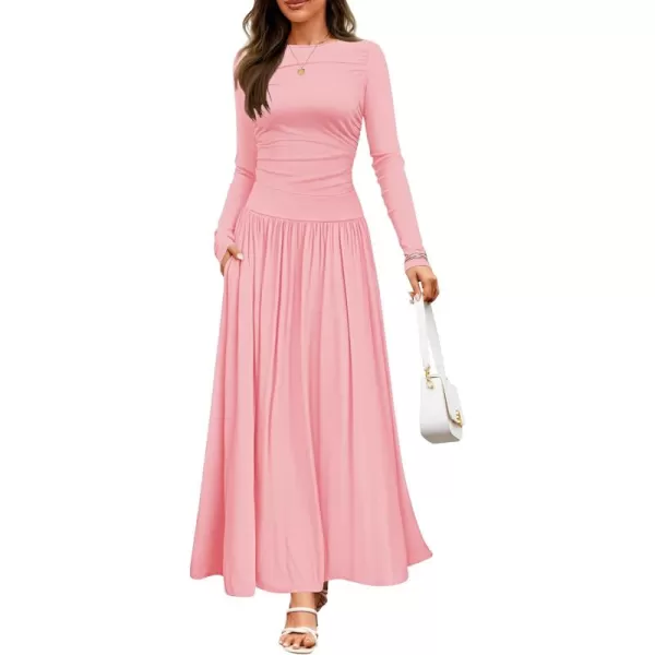 imageZESICA Womens Long Sleeve Maxi Dress 2024 Fall Crewneck Knit Casual Slim Swing Pleated Dresses with PocketsPink