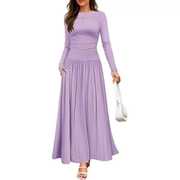 imageZESICA Womens Long Sleeve Maxi Dress 2024 Fall Crewneck Knit Casual Slim Swing Pleated Dresses with PocketsPurple