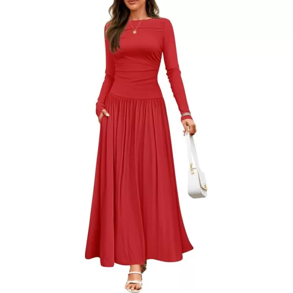 imageZESICA Womens Long Sleeve Maxi Dress 2024 Fall Crewneck Knit Casual Slim Swing Pleated Dresses with PocketsRed