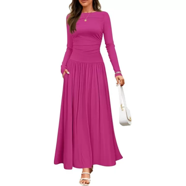 imageZESICA Womens Long Sleeve Maxi Dress 2024 Fall Crewneck Knit Casual Slim Swing Pleated Dresses with PocketsRose