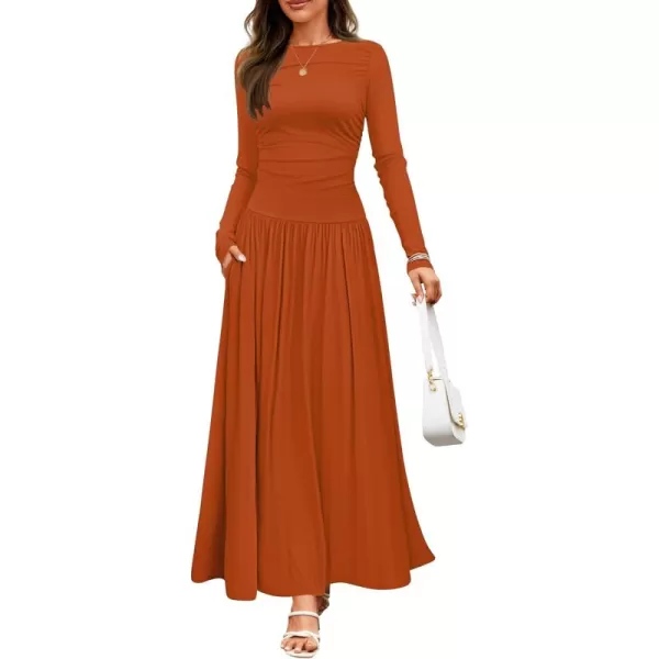 imageZESICA Womens Long Sleeve Maxi Dress 2024 Fall Crewneck Knit Casual Slim Swing Pleated Dresses with PocketsRust