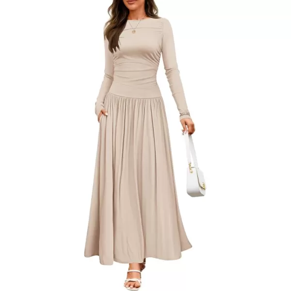 imageZESICA Womens Long Sleeve Maxi Dress 2024 Fall Crewneck Knit Casual Slim Swing Pleated Dresses with PocketsSand