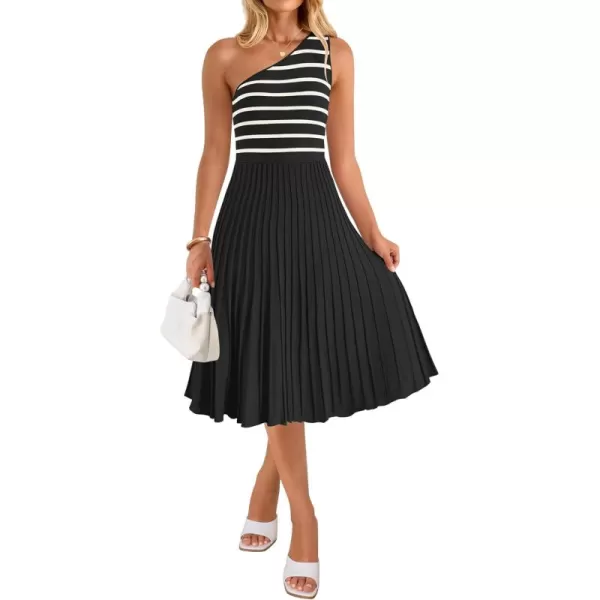 imageZESICA Womens Summer Casual One Shoulder Midi Dresses 2024 Spring Sleeveless Striped Knit Pleated A Line Flowy Long DressBlack