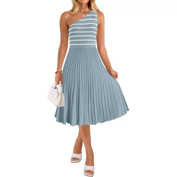 imageZESICA Womens Summer Casual One Shoulder Midi Dresses 2024 Spring Sleeveless Striped Knit Pleated A Line Flowy Long DressBlue