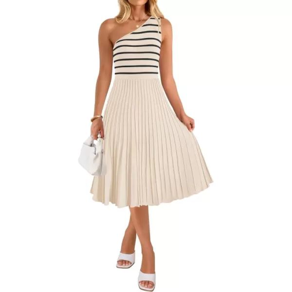 imageZESICA Womens Summer Casual One Shoulder Midi Dresses 2024 Spring Sleeveless Striped Knit Pleated A Line Flowy Long DressCream