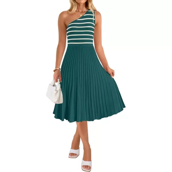 imageZESICA Womens Summer Casual One Shoulder Midi Dresses 2024 Spring Sleeveless Striped Knit Pleated A Line Flowy Long DressGreen
