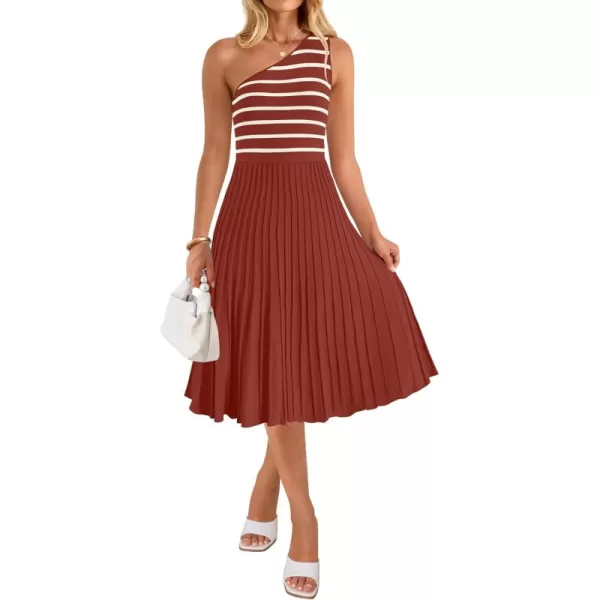imageZESICA Womens Summer Casual One Shoulder Midi Dresses 2024 Spring Sleeveless Striped Knit Pleated A Line Flowy Long DressVermilion