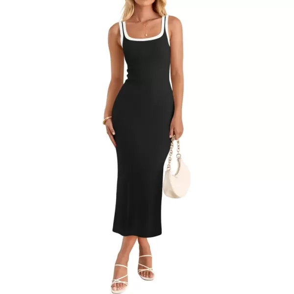 imageZESICA Womens Summer Knitted Bodycon Midi Dress 2024 Casual Sleeveless Square Neck Side Slit Vacation Long DressesBlack