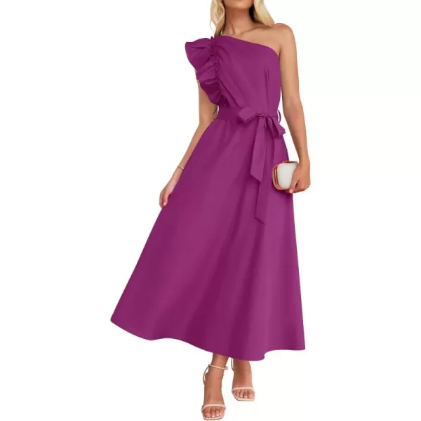 imageZESICA Womens Summer One Shoulder Ruffle Dress 2024 Sleeveless Empire Waist Boho Flowy Maxi DressesEggplant