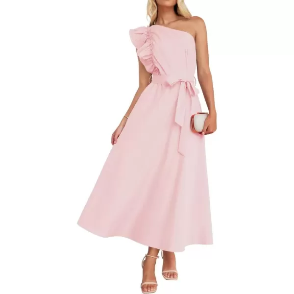 imageZESICA Womens Summer One Shoulder Ruffle Dress 2024 Sleeveless Empire Waist Boho Flowy Maxi DressesPink