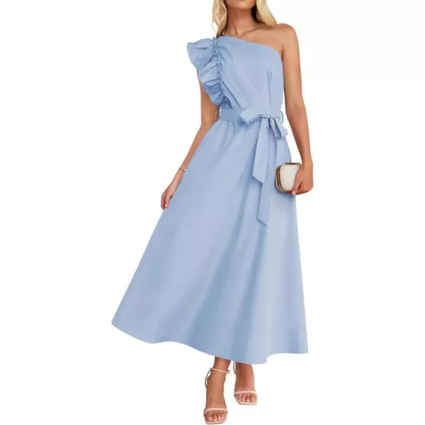 imageZESICA Womens Summer One Shoulder Ruffle Dress 2024 Sleeveless Empire Waist Boho Flowy Maxi DressesSky