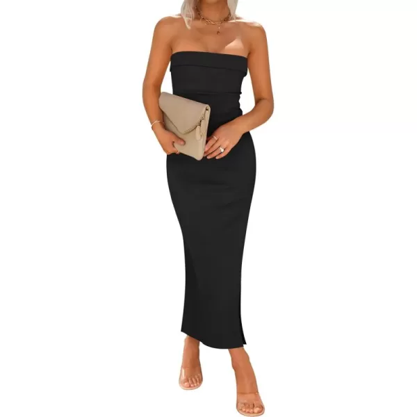 imageZESICA Womens Summer Strapless Bodycon Midi Dress 2024 Off Shoulder Strapless Side Slit Tube Long Club Party DressesBlack