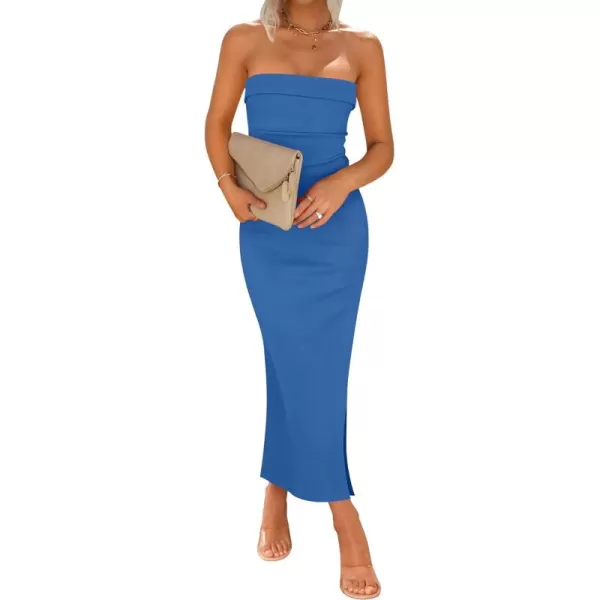imageZESICA Womens Summer Strapless Bodycon Midi Dress 2024 Off Shoulder Strapless Side Slit Tube Long Club Party DressesCobalt