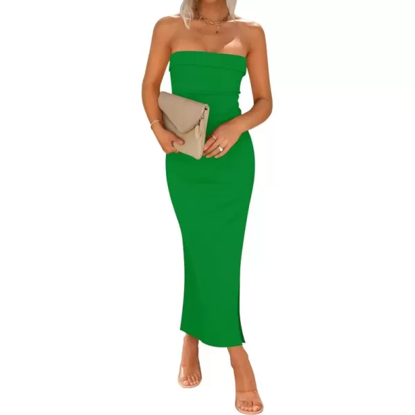 imageZESICA Womens Summer Strapless Bodycon Midi Dress 2024 Off Shoulder Strapless Side Slit Tube Long Club Party DressesGreen