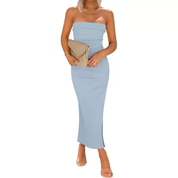 imageZESICA Womens Summer Strapless Bodycon Midi Dress 2024 Off Shoulder Strapless Side Slit Tube Long Club Party DressesLight Blue