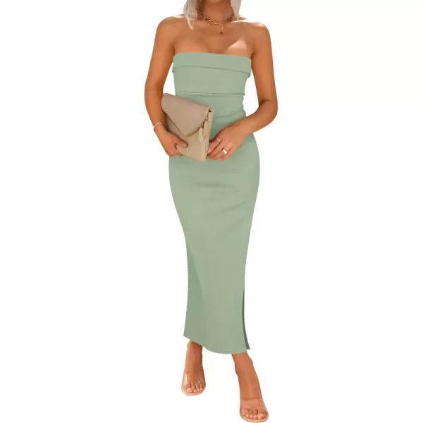 imageZESICA Womens Summer Strapless Bodycon Midi Dress 2024 Off Shoulder Strapless Side Slit Tube Long Club Party DressesSage