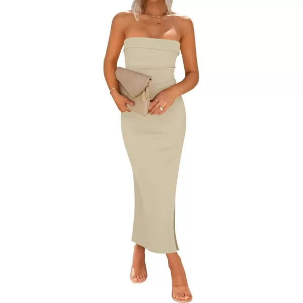 imageZESICA Womens Summer Strapless Bodycon Midi Dress 2024 Off Shoulder Strapless Side Slit Tube Long Club Party DressesSand