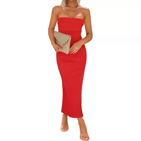 imageZESICA Womens Summer Strapless Bodycon Midi Dress 2024 Off Shoulder Strapless Side Slit Tube Long Club Party DressesWatermelon