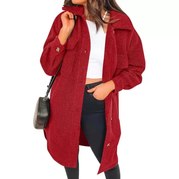 imageZESICA Womens Winter Fuzzy Fleece Lapel Button Down Open Front Faux Fur Long Jacket Coat Outwear with PocketsRedSmall