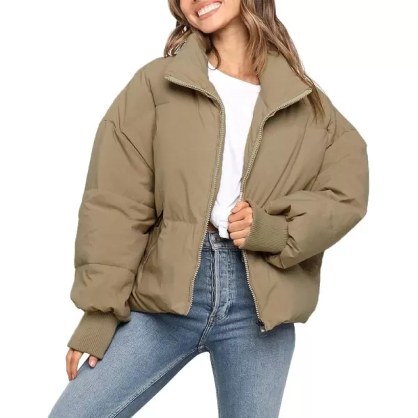 imageZESICA Womens Winter Warm Long Sleeve Zip Up Drawstring Baggy Cropped Puffer Down Jacket Coat OuterwearKhaki