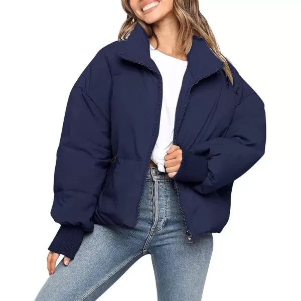 imageZESICA Womens Winter Warm Long Sleeve Zip Up Drawstring Baggy Cropped Puffer Down Jacket Coat OuterwearNavy