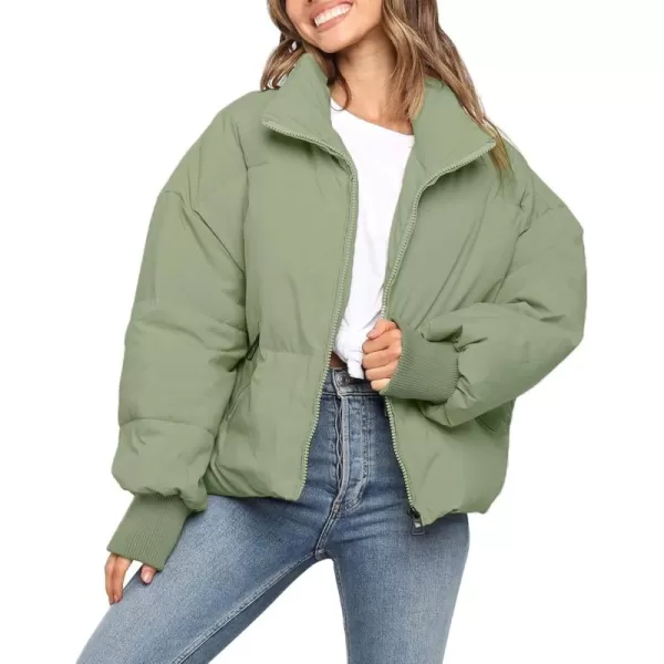 imageZESICA Womens Winter Warm Long Sleeve Zip Up Drawstring Baggy Cropped Puffer Down Jacket Coat OuterwearPea Green