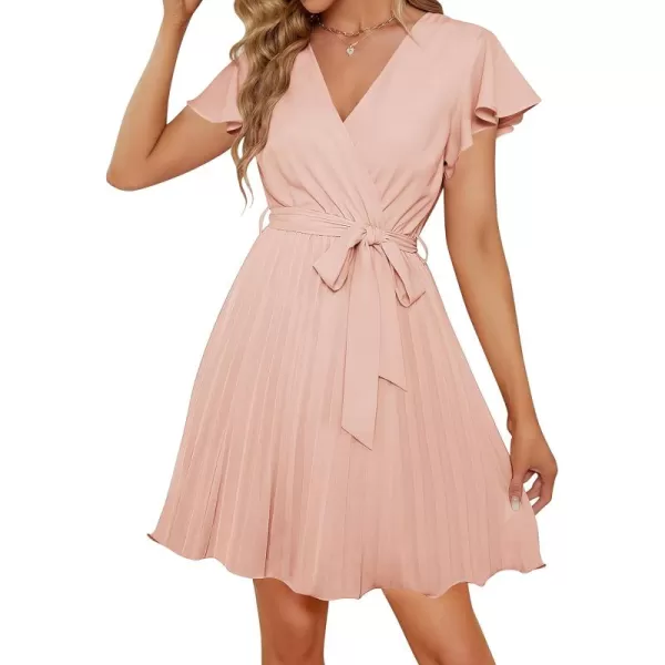 imageZESICA Womens Wrap V Neck Mini Dress 2024 Summer Flutter Sleeve Tie Waist Pleated A Line Swing Wedding Party Short DressesLightpink