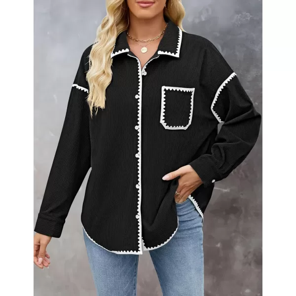 imageZESICA Womens 2024 Fall Corduroy Shacket Jacket Long Sleeve Button Down Shirt Oversized Blouses Tops with PocketsBlack