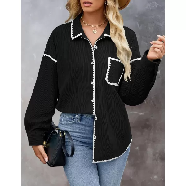 imageZESICA Womens 2024 Fall Corduroy Shacket Jacket Long Sleeve Button Down Shirt Oversized Blouses Tops with PocketsBlack