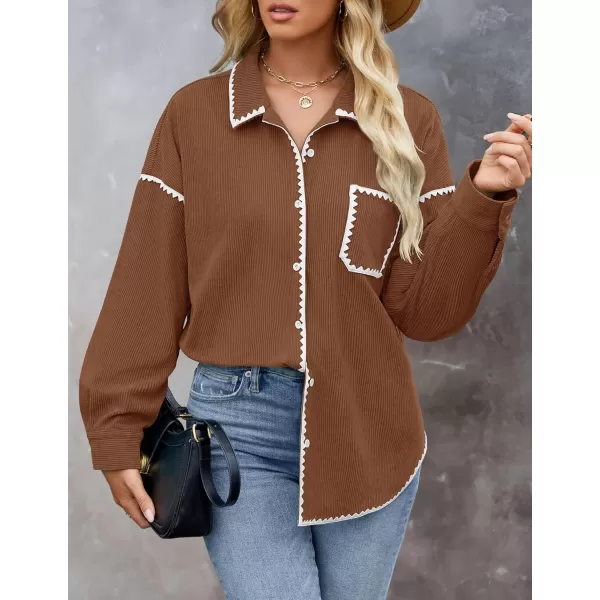 imageZESICA Womens 2024 Fall Corduroy Shacket Jacket Long Sleeve Button Down Shirt Oversized Blouses Tops with PocketsBrown