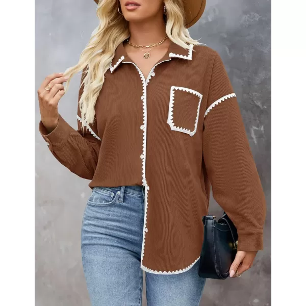imageZESICA Womens 2024 Fall Corduroy Shacket Jacket Long Sleeve Button Down Shirt Oversized Blouses Tops with PocketsBrown