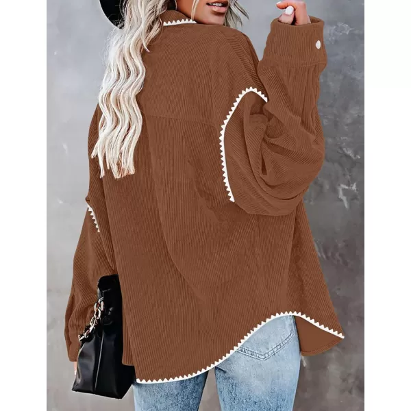 imageZESICA Womens 2024 Fall Corduroy Shacket Jacket Long Sleeve Button Down Shirt Oversized Blouses Tops with PocketsBrown