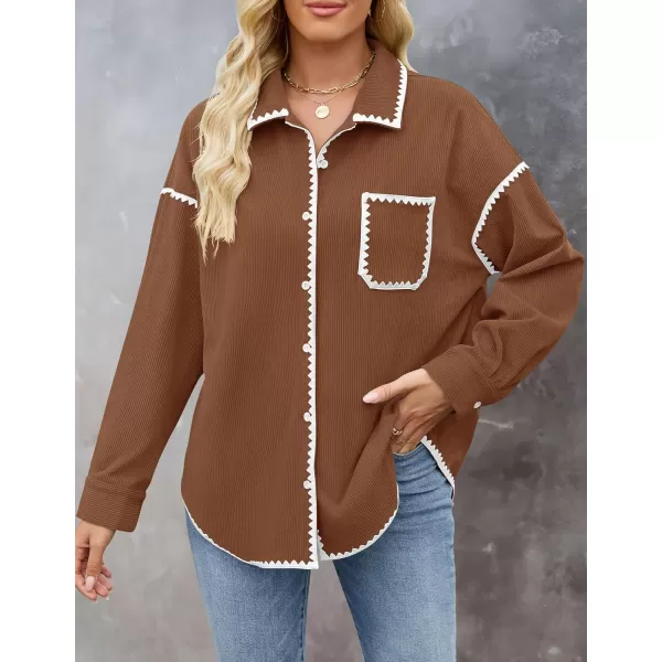 imageZESICA Womens 2024 Fall Corduroy Shacket Jacket Long Sleeve Button Down Shirt Oversized Blouses Tops with PocketsBrown