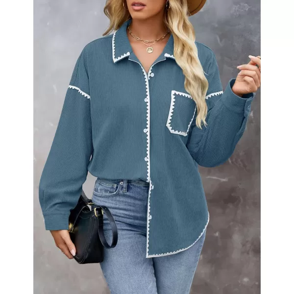 imageZESICA Womens 2024 Fall Corduroy Shacket Jacket Long Sleeve Button Down Shirt Oversized Blouses Tops with PocketsDusty Blue