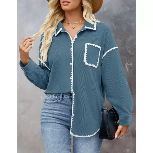 imageZESICA Womens 2024 Fall Corduroy Shacket Jacket Long Sleeve Button Down Shirt Oversized Blouses Tops with PocketsDusty Blue