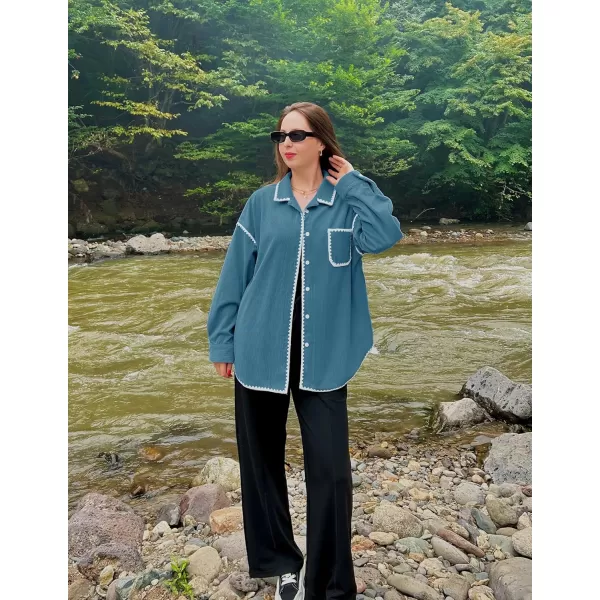 imageZESICA Womens 2024 Fall Corduroy Shacket Jacket Long Sleeve Button Down Shirt Oversized Blouses Tops with PocketsDusty Blue
