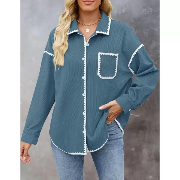 imageZESICA Womens 2024 Fall Corduroy Shacket Jacket Long Sleeve Button Down Shirt Oversized Blouses Tops with PocketsDusty Blue
