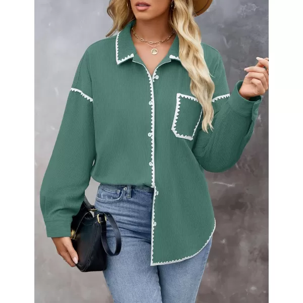 imageZESICA Womens 2024 Fall Corduroy Shacket Jacket Long Sleeve Button Down Shirt Oversized Blouses Tops with PocketsGreen