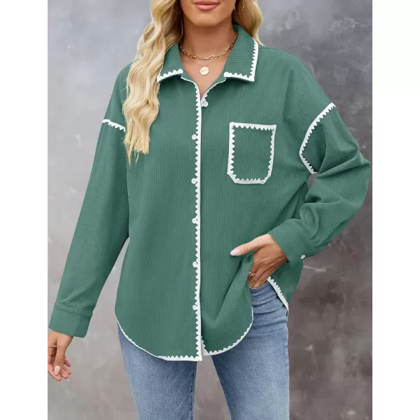 imageZESICA Womens 2024 Fall Corduroy Shacket Jacket Long Sleeve Button Down Shirt Oversized Blouses Tops with PocketsGreen