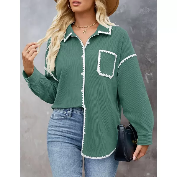 imageZESICA Womens 2024 Fall Corduroy Shacket Jacket Long Sleeve Button Down Shirt Oversized Blouses Tops with PocketsGreen