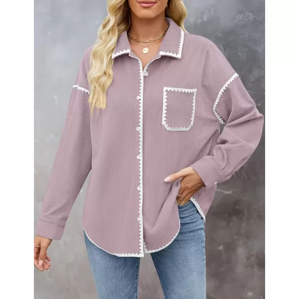imageZESICA Womens 2024 Fall Corduroy Shacket Jacket Long Sleeve Button Down Shirt Oversized Blouses Tops with PocketsPurple