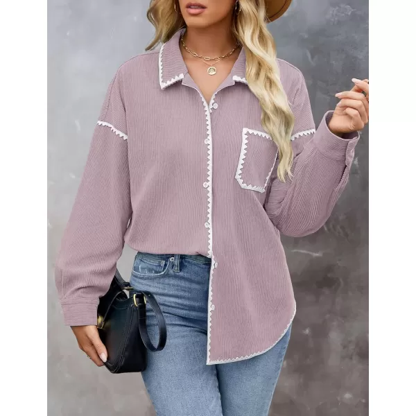imageZESICA Womens 2024 Fall Corduroy Shacket Jacket Long Sleeve Button Down Shirt Oversized Blouses Tops with PocketsPurple