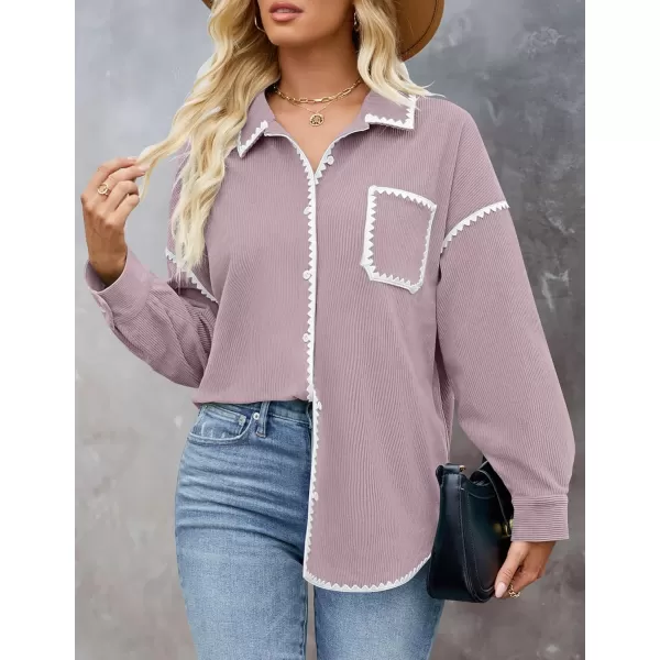imageZESICA Womens 2024 Fall Corduroy Shacket Jacket Long Sleeve Button Down Shirt Oversized Blouses Tops with PocketsPurple