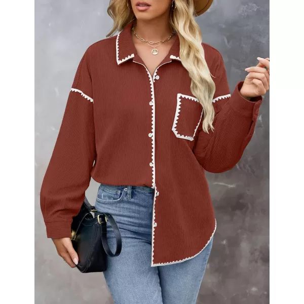 imageZESICA Womens 2024 Fall Corduroy Shacket Jacket Long Sleeve Button Down Shirt Oversized Blouses Tops with PocketsRust