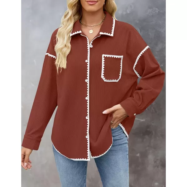 imageZESICA Womens 2024 Fall Corduroy Shacket Jacket Long Sleeve Button Down Shirt Oversized Blouses Tops with PocketsRust