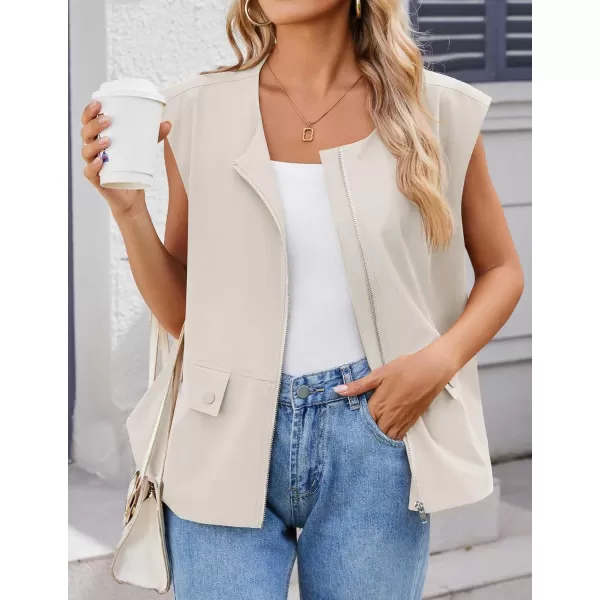 imageZESICA Womens 2024 Oversized Zip Up Cargo Vest Causal Street Ruched Hem Sleeveless Jackets TopsApricot
